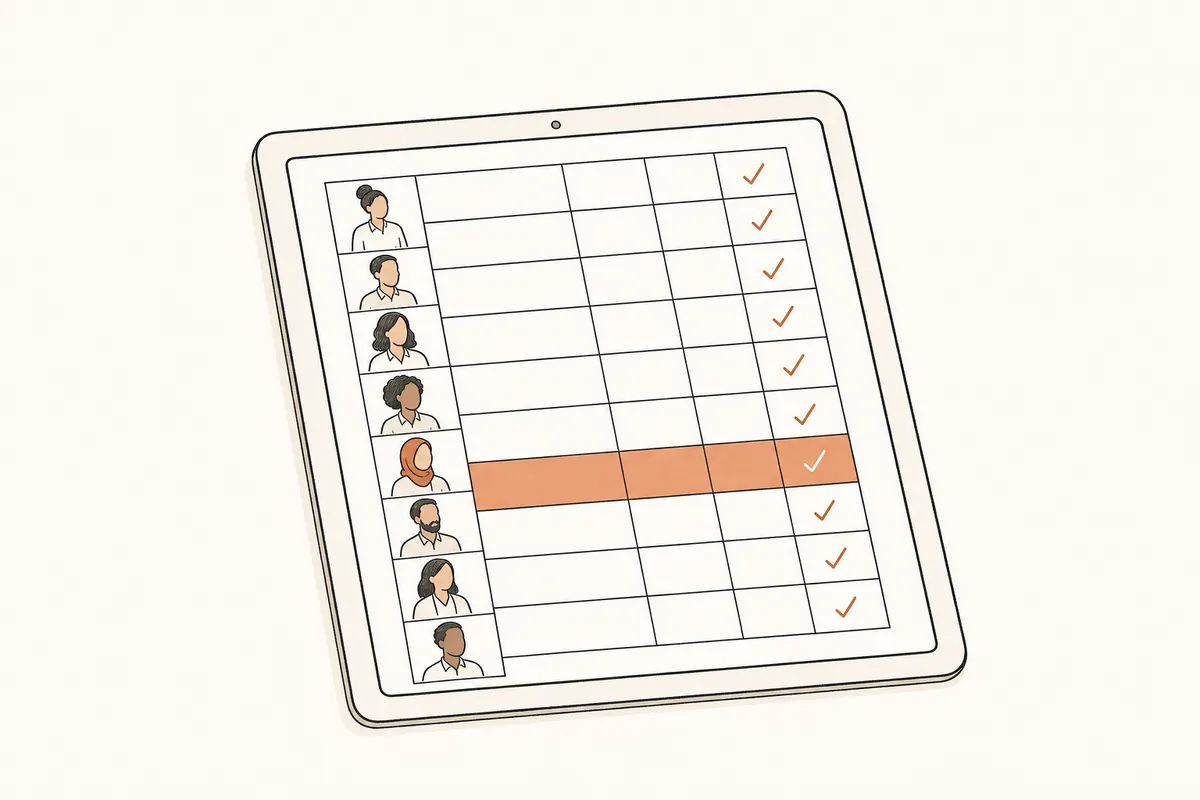 Ein Tablet mit einer übersichtlichen Anwesenheitsliste, eine Zeile ist orange markiert.