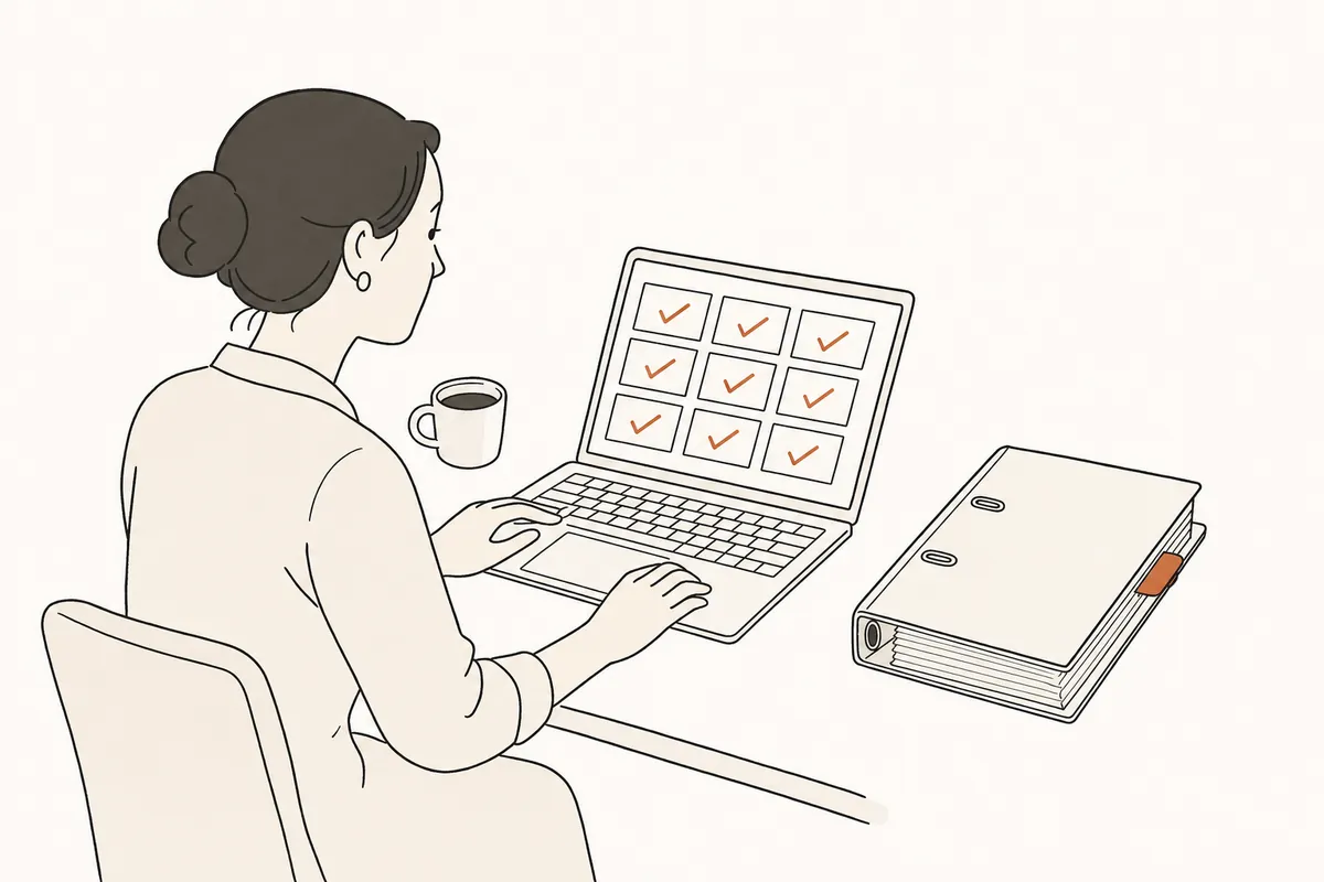 Eine Mitarbeiterin hakt am Laptop eine Übersicht mit neun Feldern ab, daneben ein Ordner und eine Tasse Kaffee.