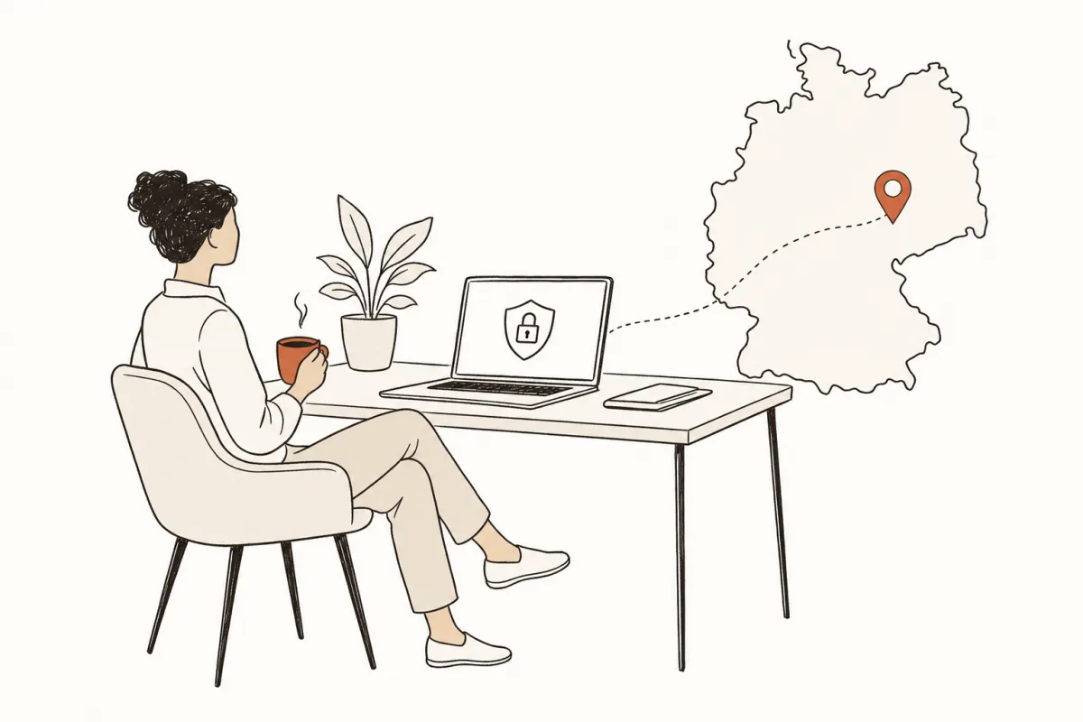 Eine Person sitzt entspannt mit einer Tasse Kaffee am Schreibtisch. Auf dem Laptop ein Schild mit Schloss, eine gestrichelte Linie führt vom Laptop zu einer Markierung auf einer Deutschlandkarte.