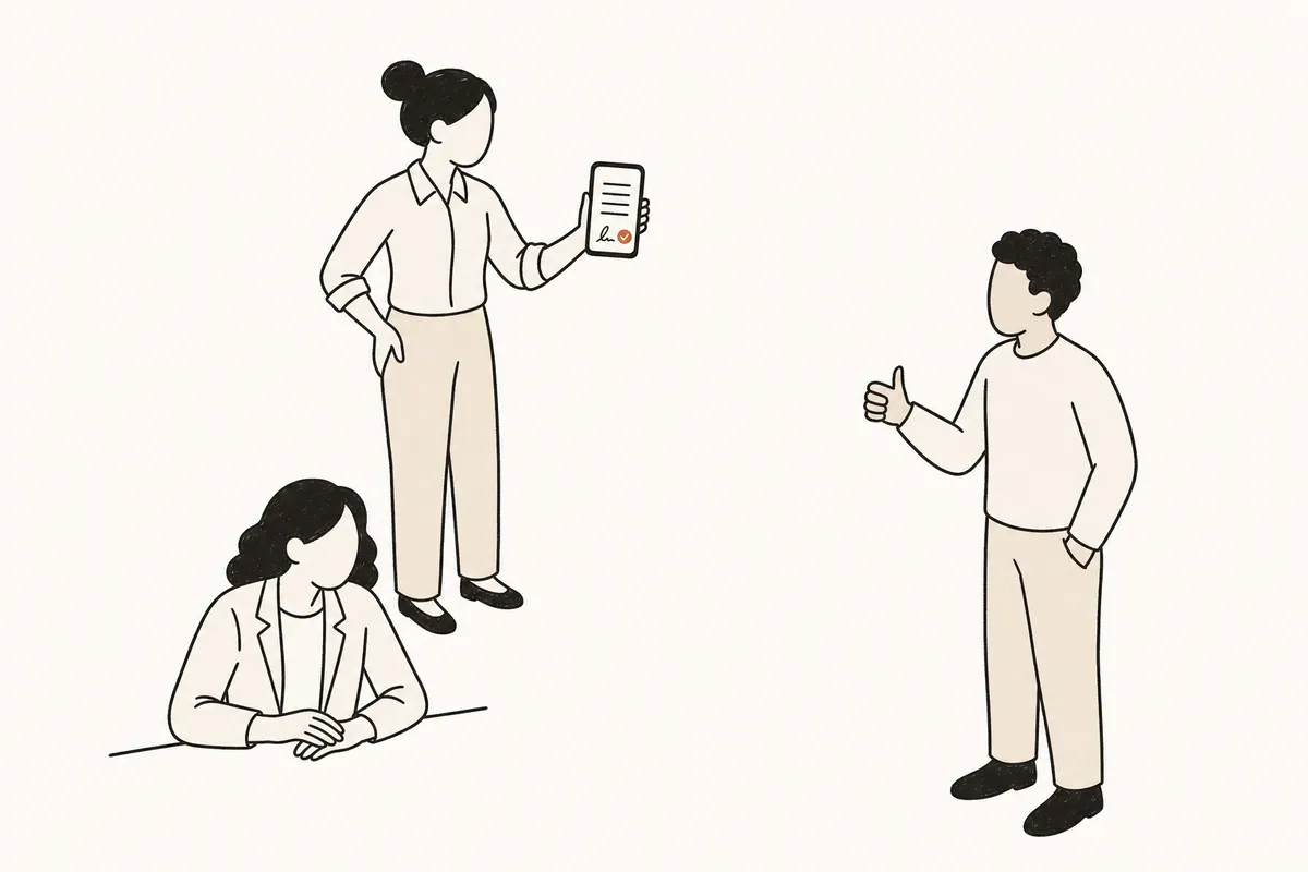 Drucker und Scanner sind verschwunden, eine Person hält ein Handy mit einem unterschriebenen Dokument.