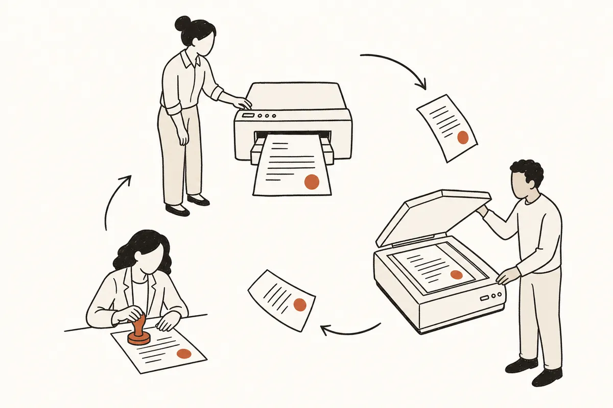 Ein Vertrag läuft im Kreis von Drucker über Unterschrift und Stempel zum Scanner.