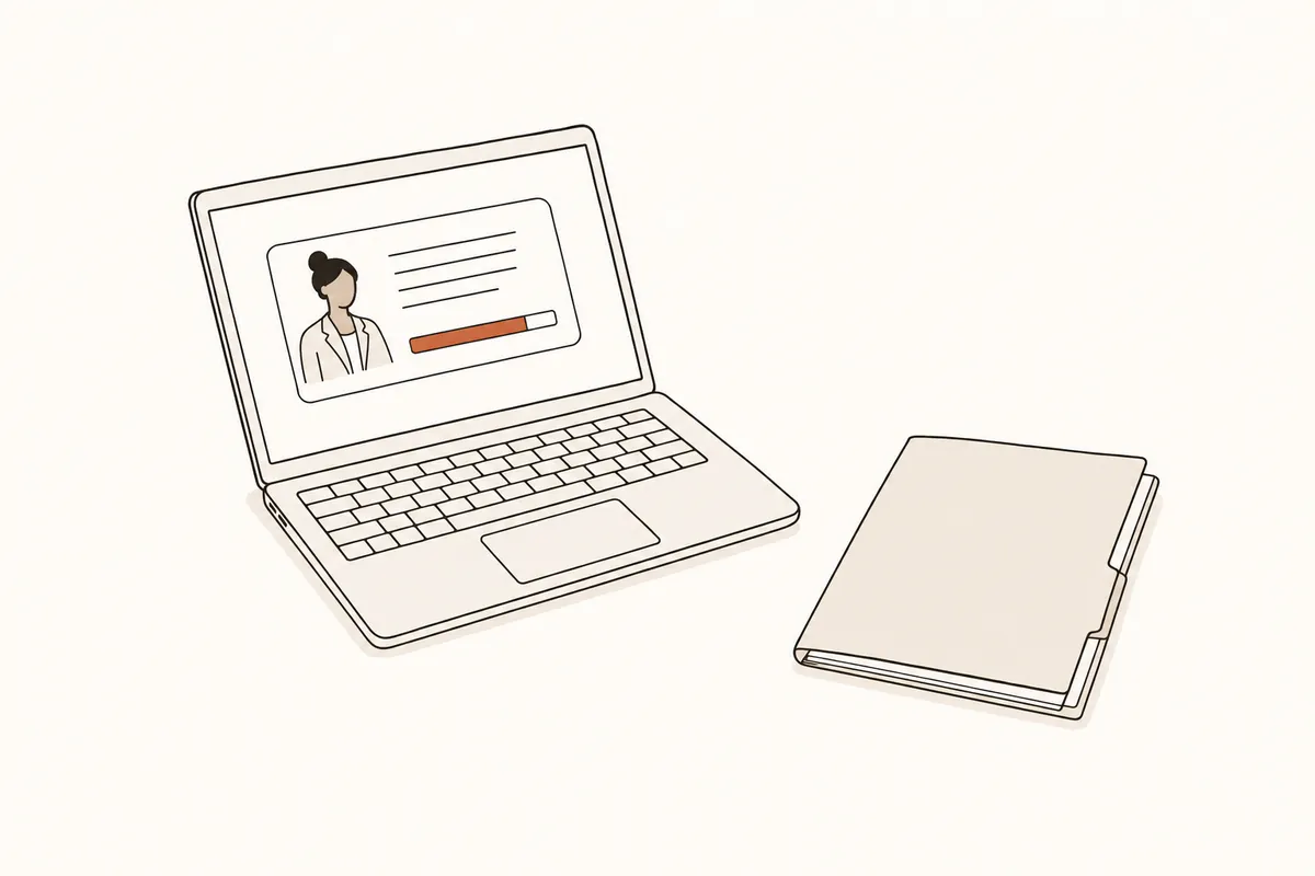 Ein aufgeräumter Tisch mit einem Laptop, der eine einzige Teilnehmerakte mit Fortschrittsbalken zeigt.