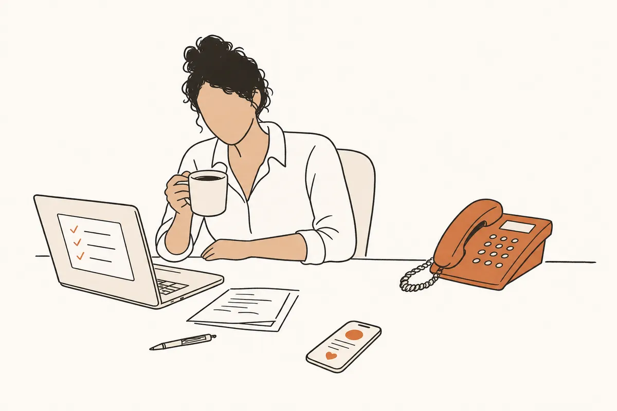 Dieselbe Mitarbeiterin, entspannt mit Kaffee, das Telefon ist still, auf dem Laptop eine Liste mit Häkchen, daneben ein Handy mit dem Portal.